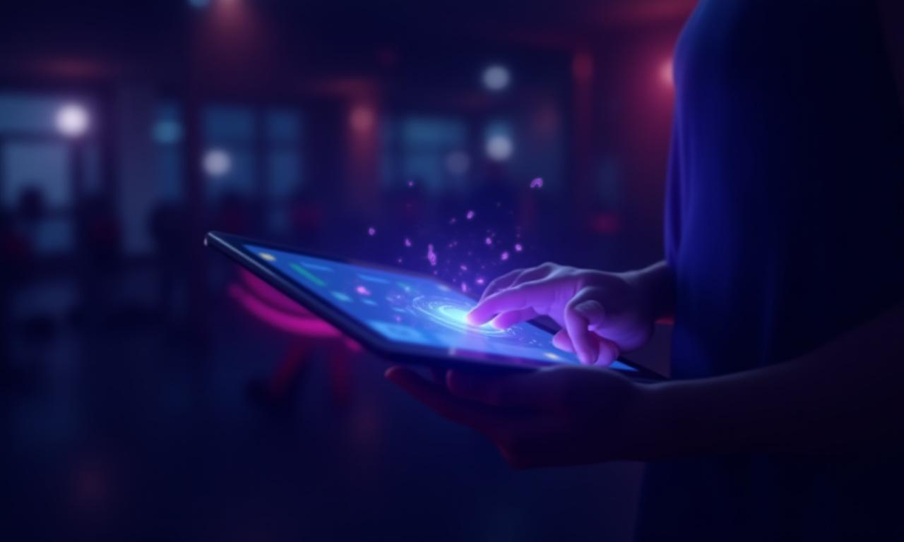 ユーザーがタブレットデバイスでフィットネスアプリを使用し、その横で音楽の波形が抽象的に表現されている様子。サービスの利用とデジタル体験を象徴。